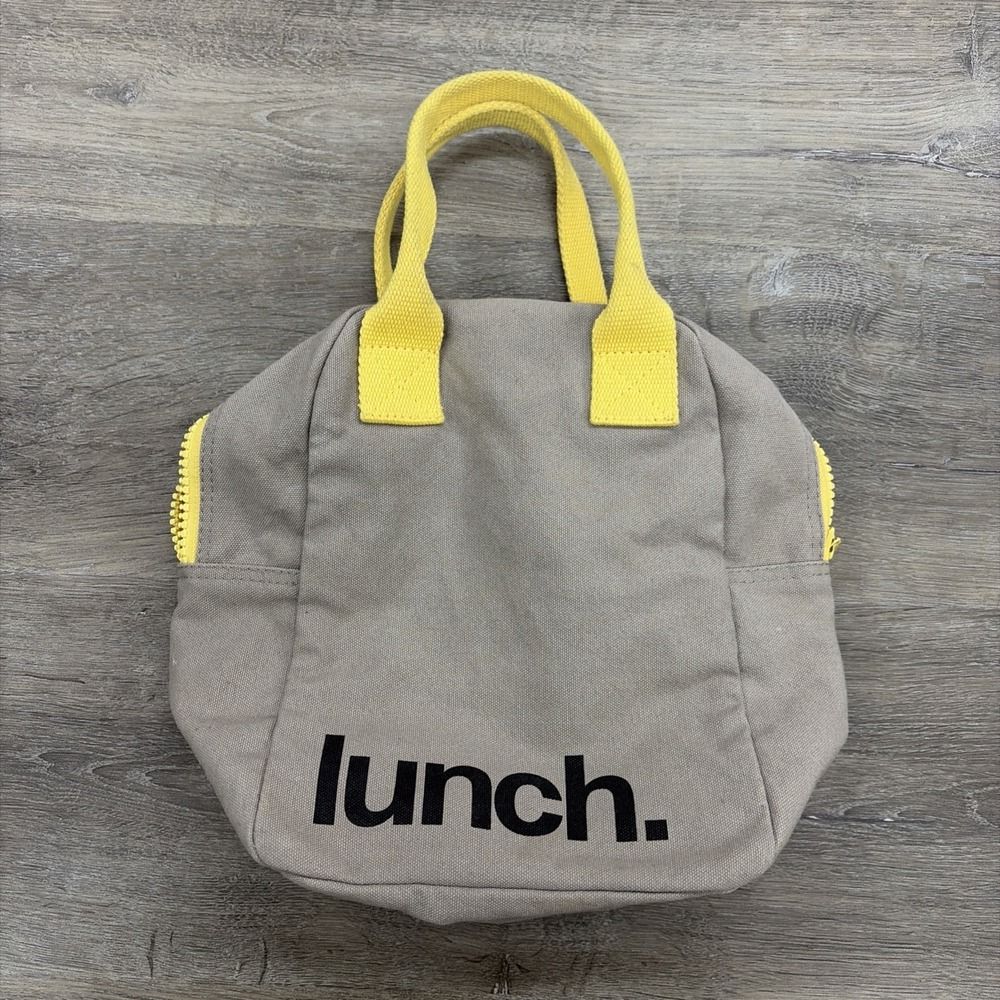 Fluf Zipper Work School Lunch Bag Grey Canvas Yellow Interior Pack Organic